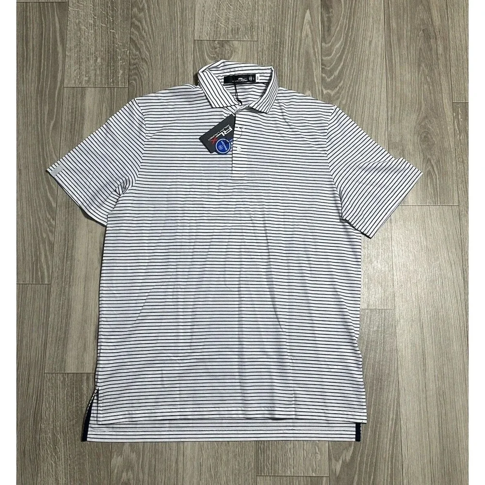 RLX Polo Ralph Lauren White Navy Striped Short Sleeve Wicking Golf Shirt Sz L